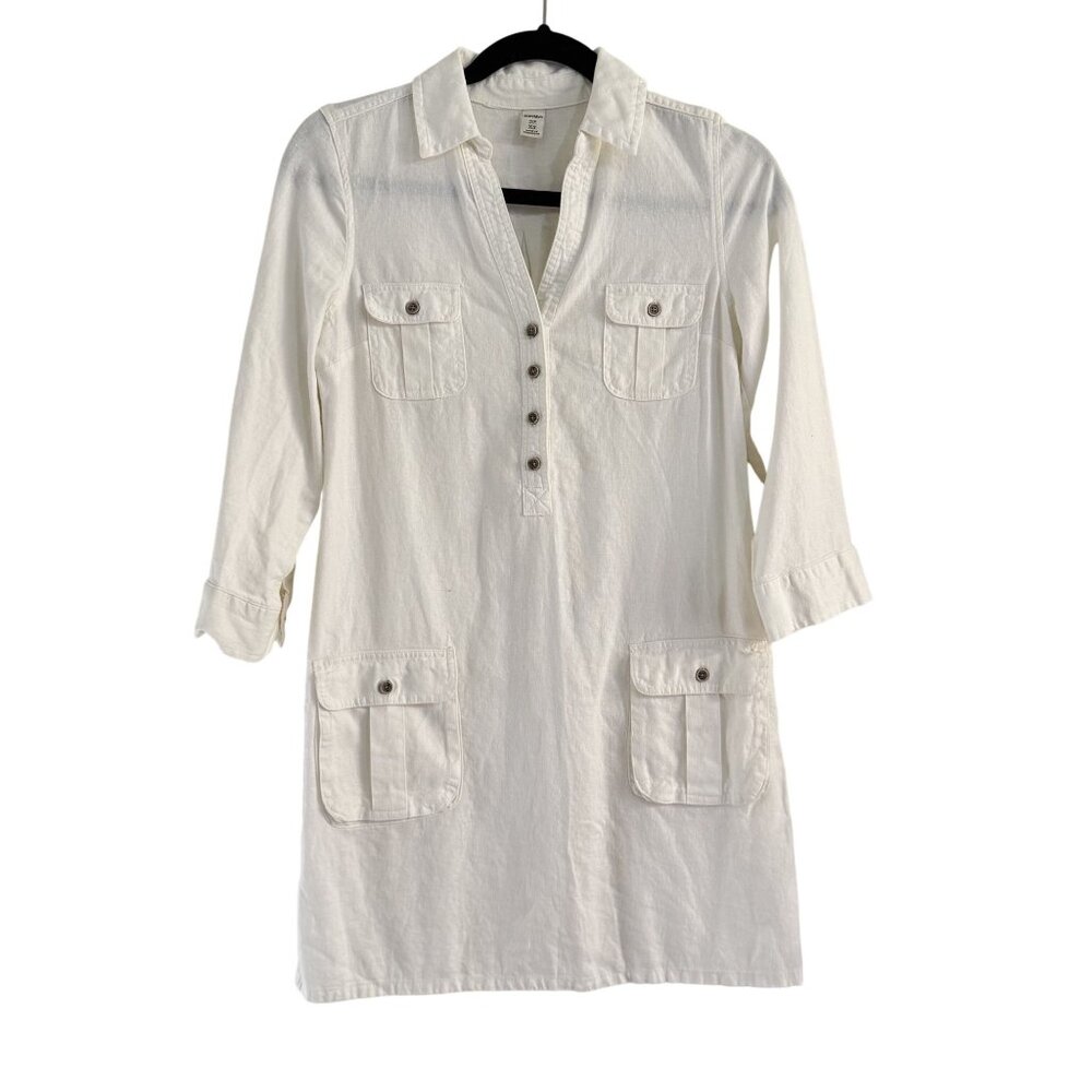 Old Navy Womens White Linen Blend 3/4 Sleeve Button Front Mini Shirt Dress XS